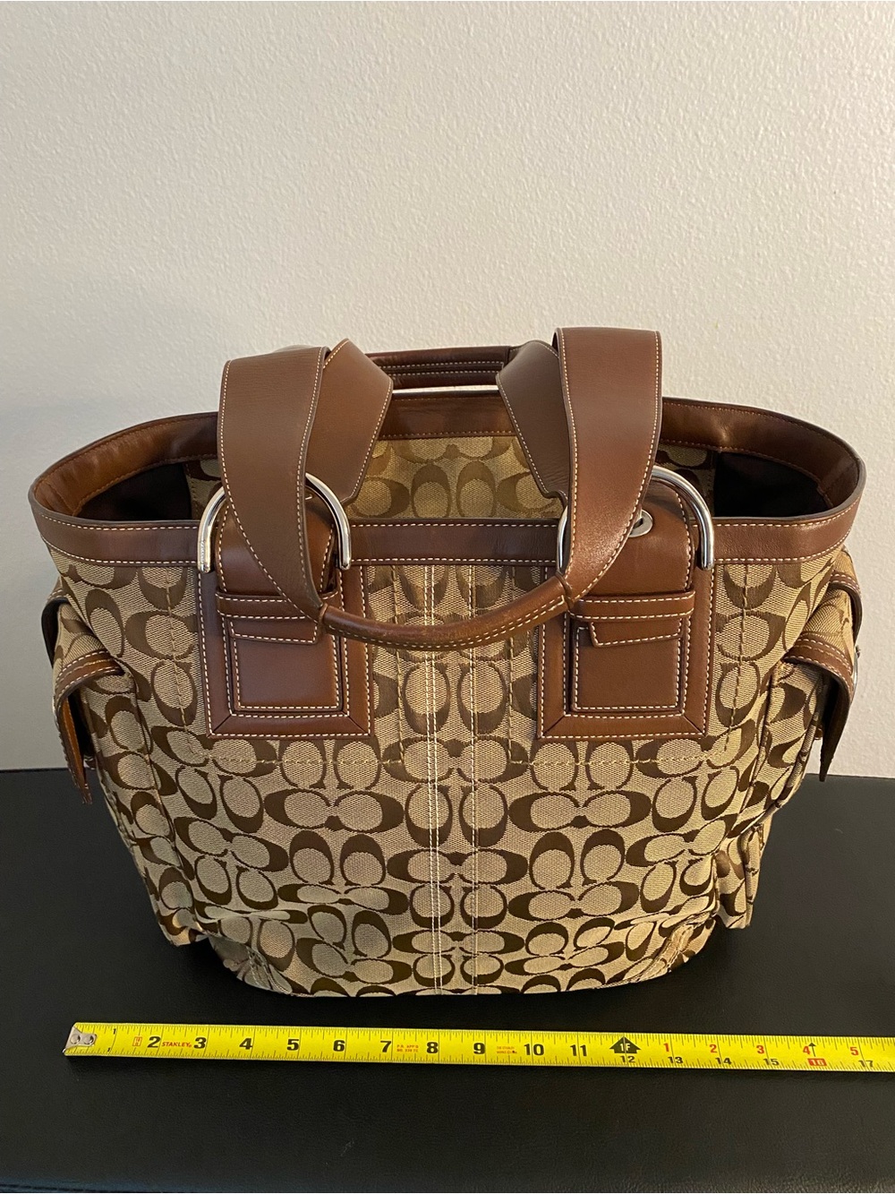 Coach Brown Signature Canvas Travel bag with Leather Trim and side pockets - Picture 14 of 16